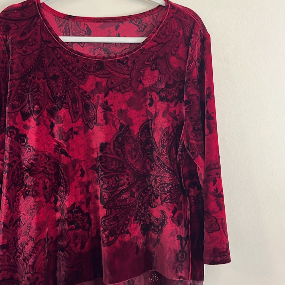 Vintage Velvet paisley Top Red Black Gothic Goth Rhinestone Dark Romantic Tunic - Picture 2 of 5